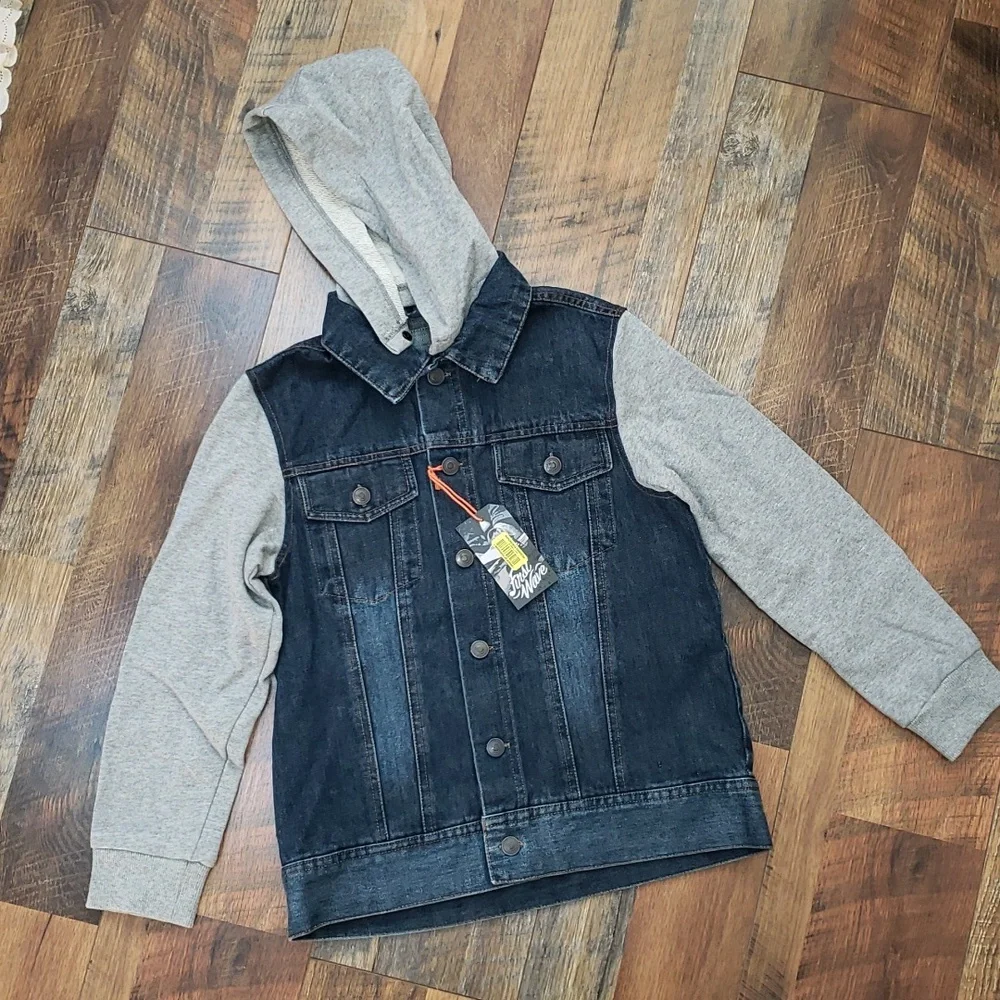NWT First Wave Denim Jacket with Gray Cotton Sleeves & Detachable Hood, Size 8